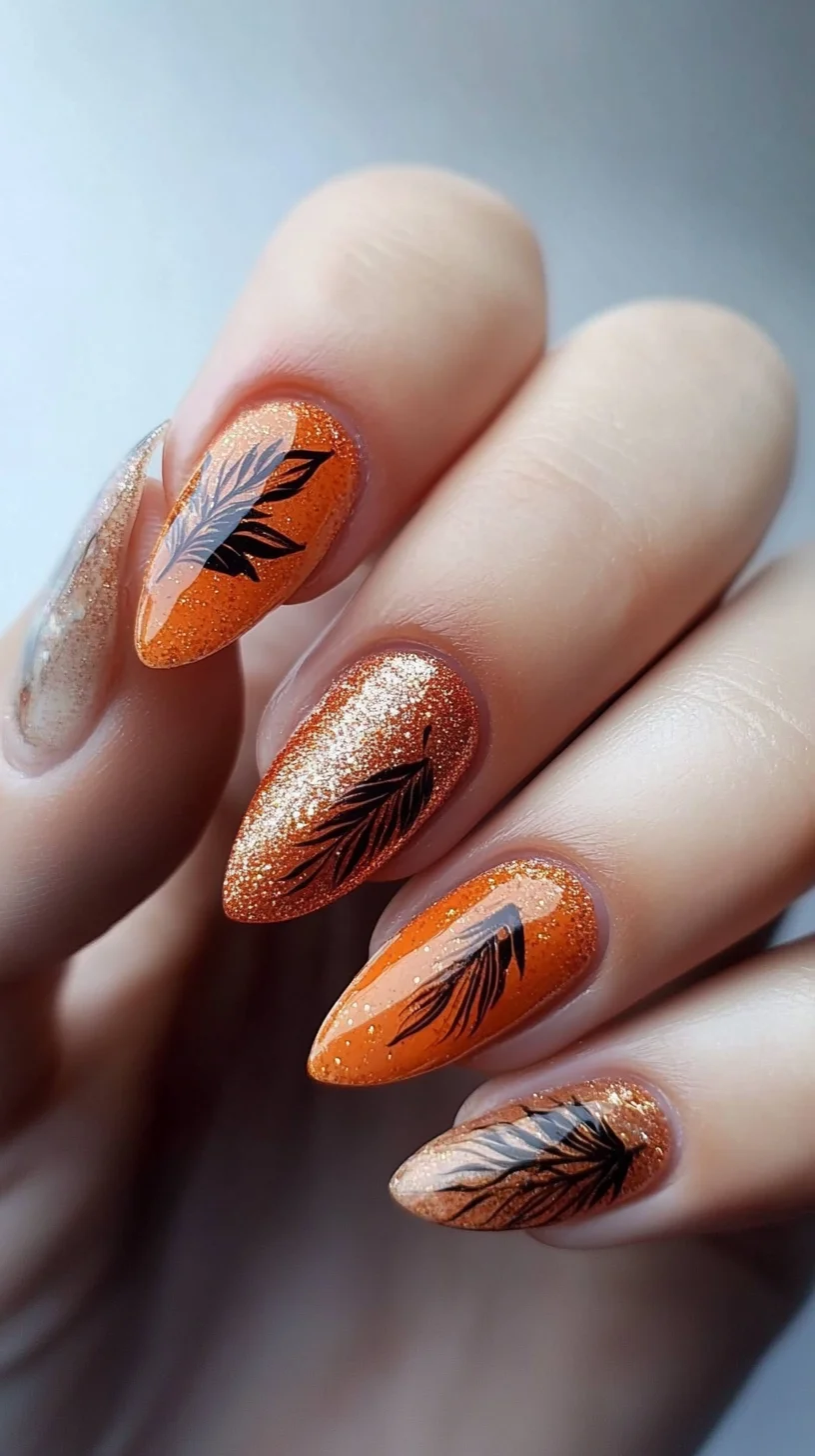Autumn Elegance: Sparkling Orange Nails with Artistic Leaf Designs