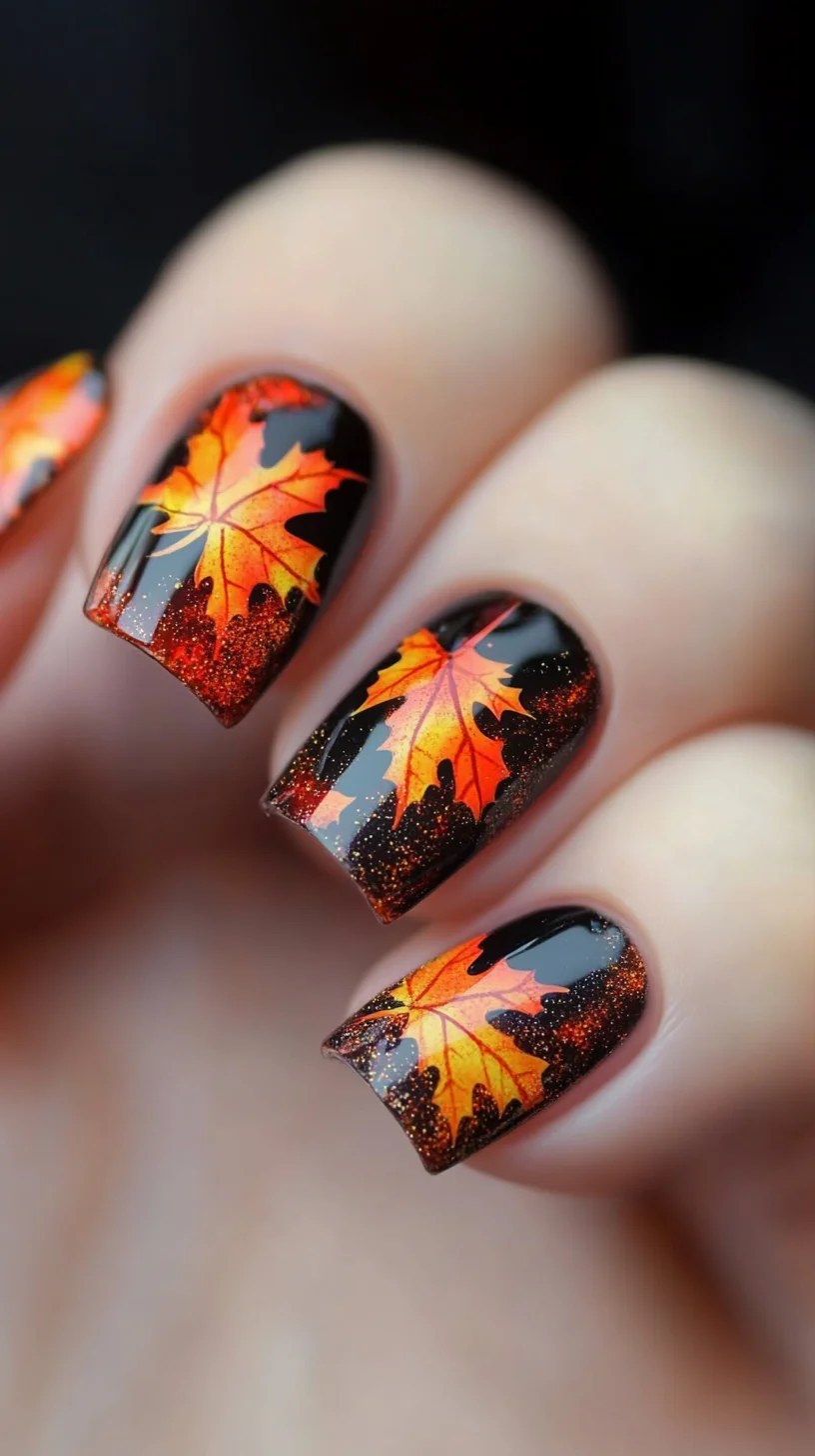 Autumn Elegance: Stunning Black and Gold Leaf Nail Art