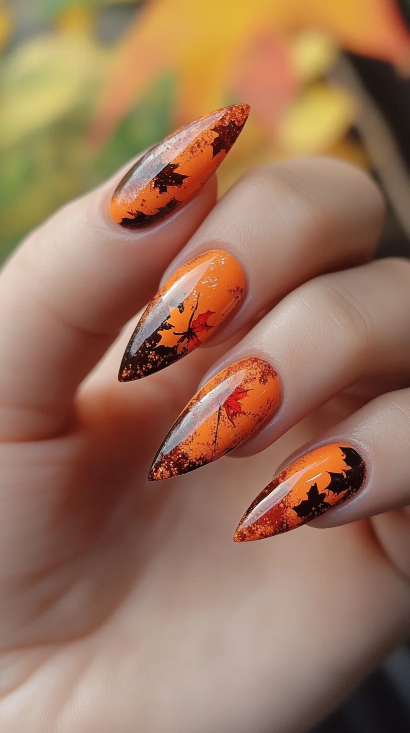 Autumn Vibes: Bold Orange and Black Stiletto Nails with a Touch of Glitter