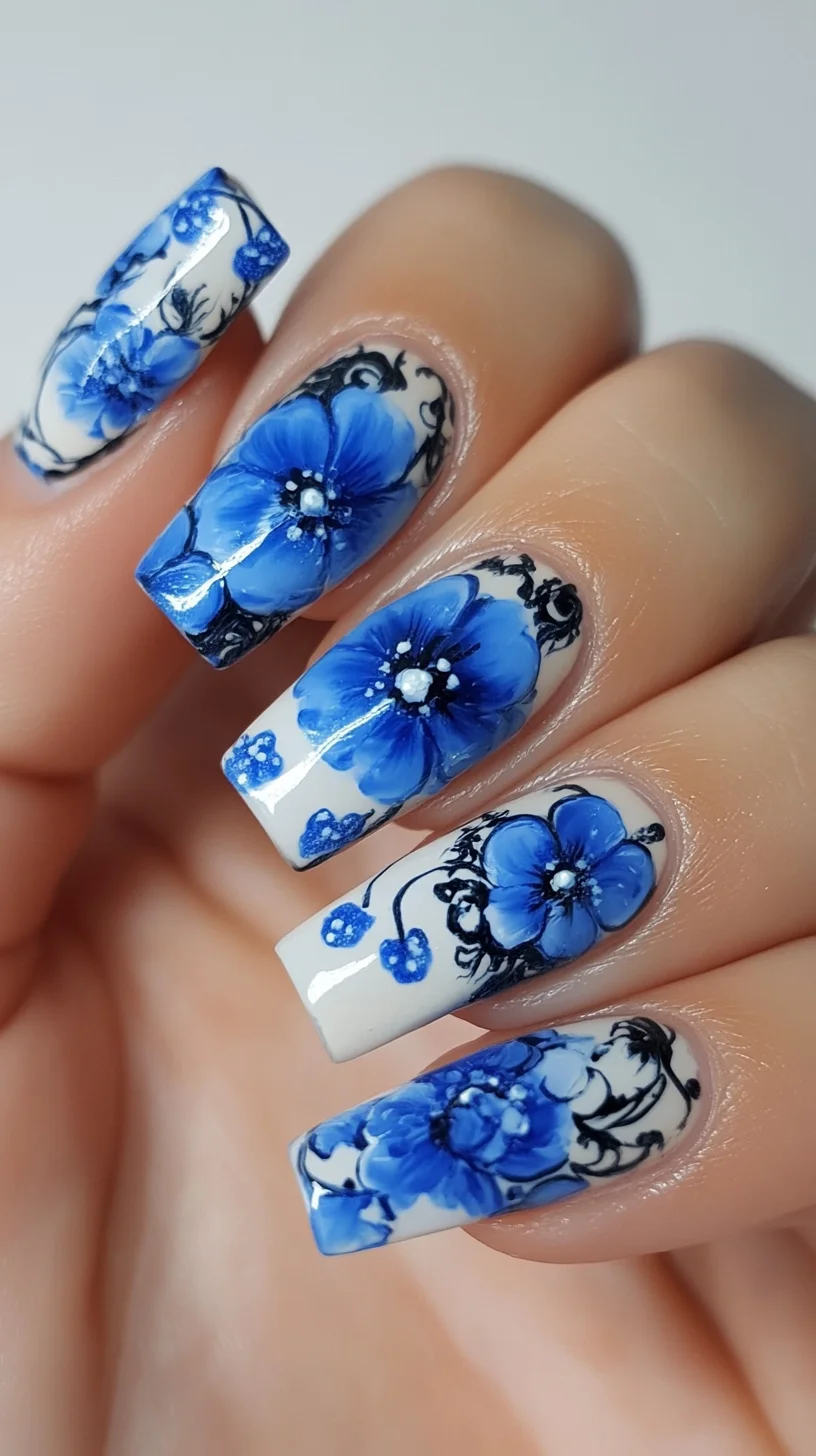 Blooming Elegance: Stunning Blue Floral Nail Art for a Chic Look