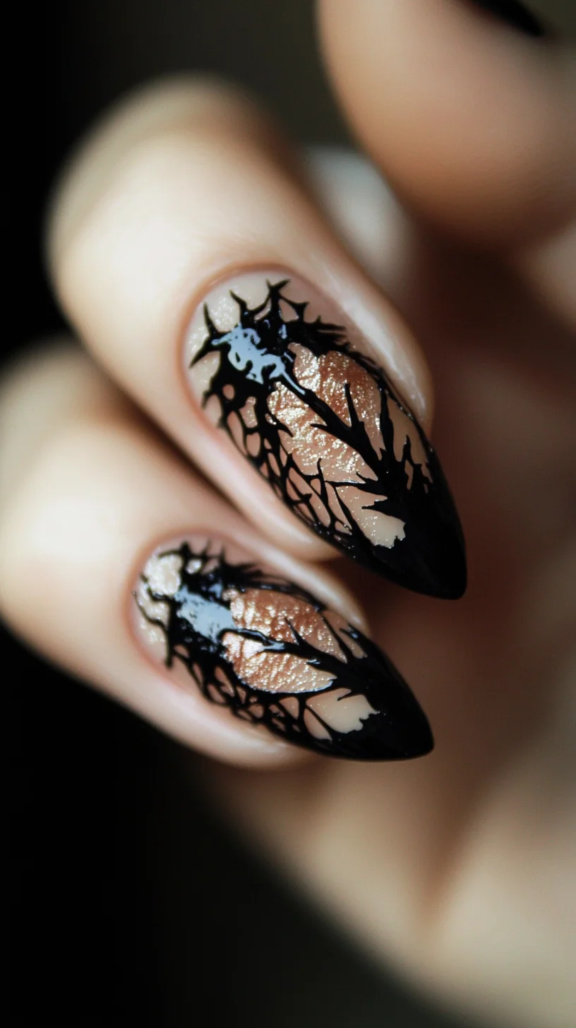 Bold and Edgy: Black Spiky Nail Art with Glittery Accents