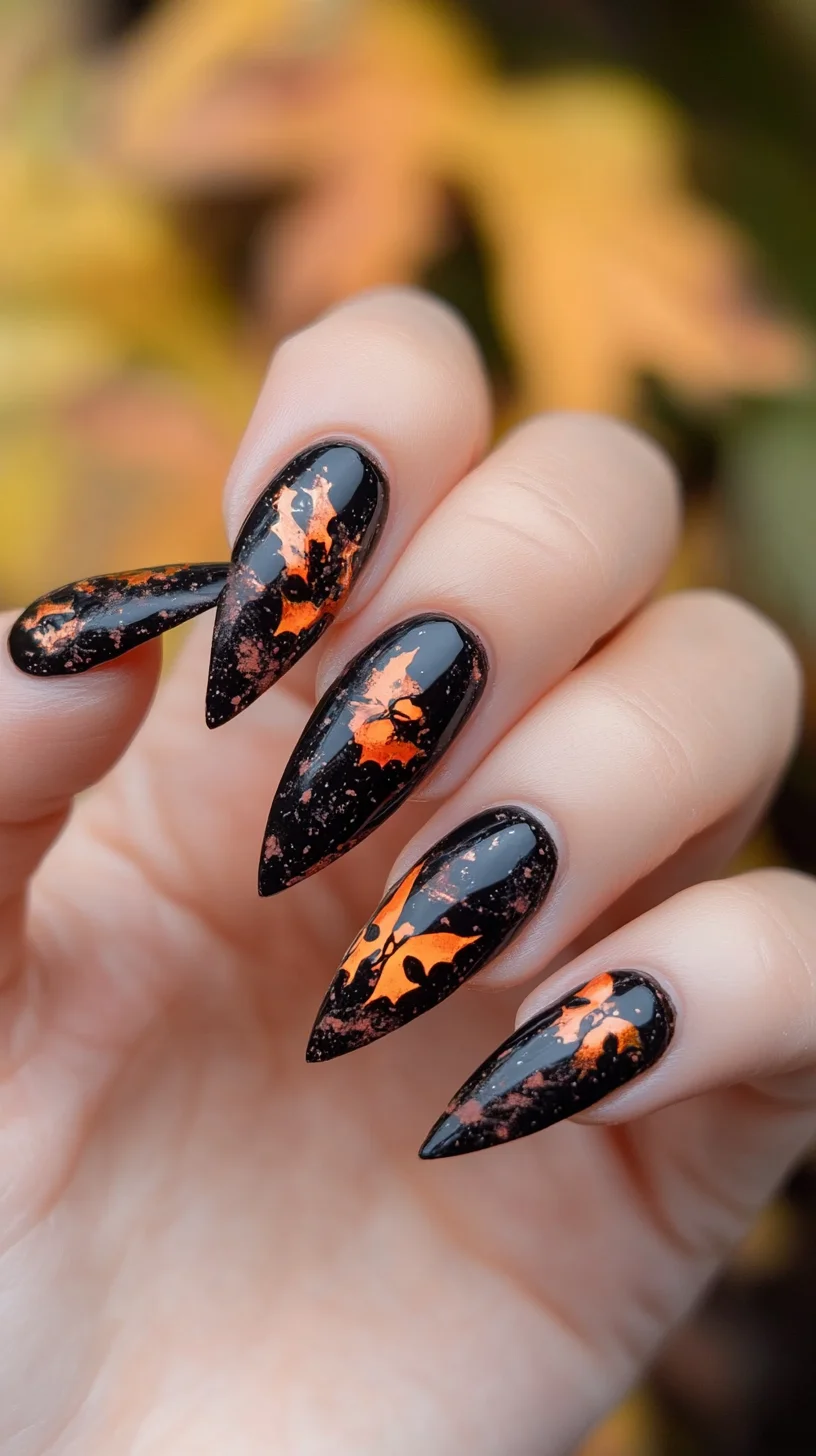Bold and Edgy: Fiery Orange Splatter on Midnight Black for a Daring Look