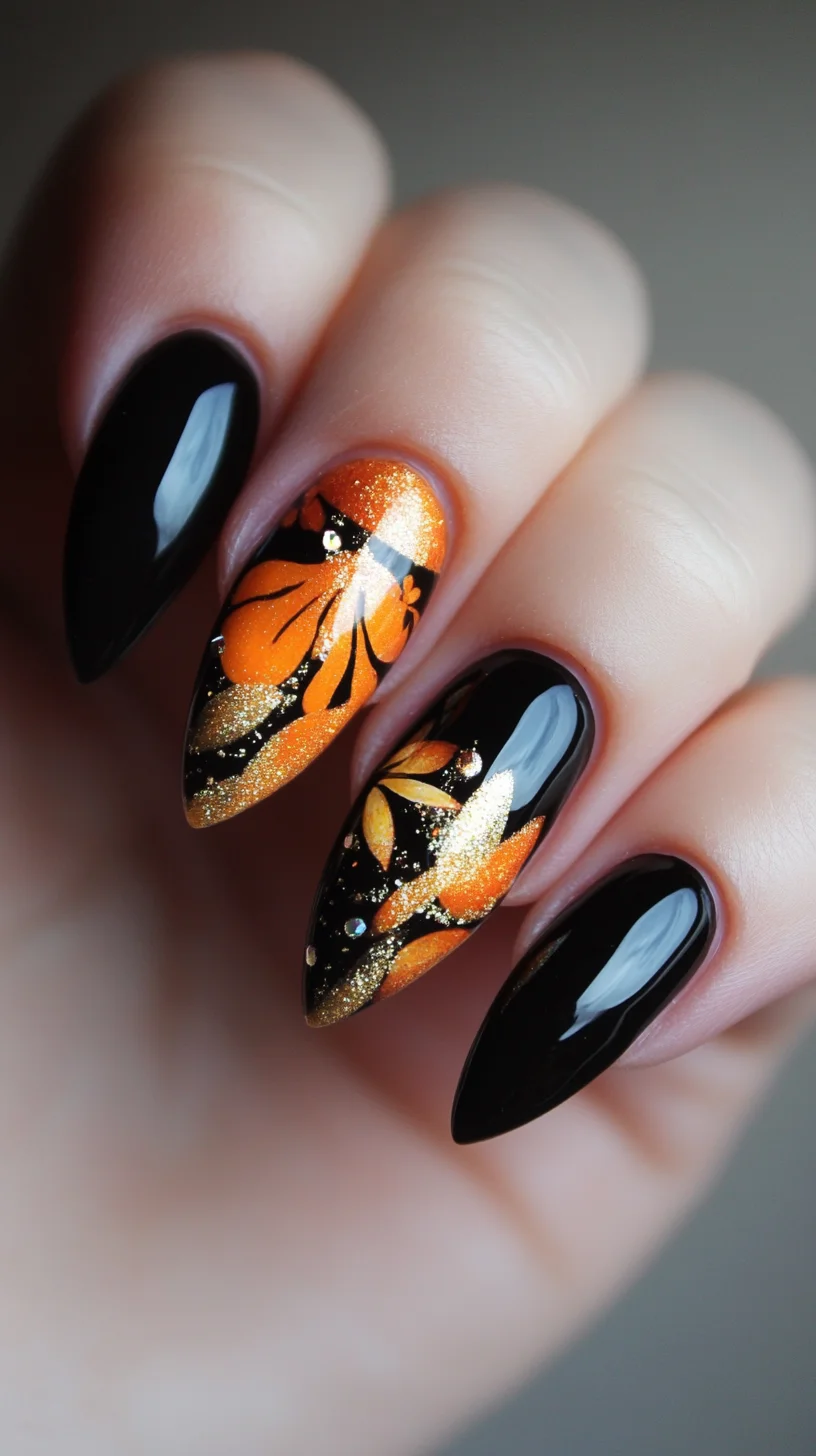 Bold Autumn Elegance: Striking Black and Gold Leaf Nail Art