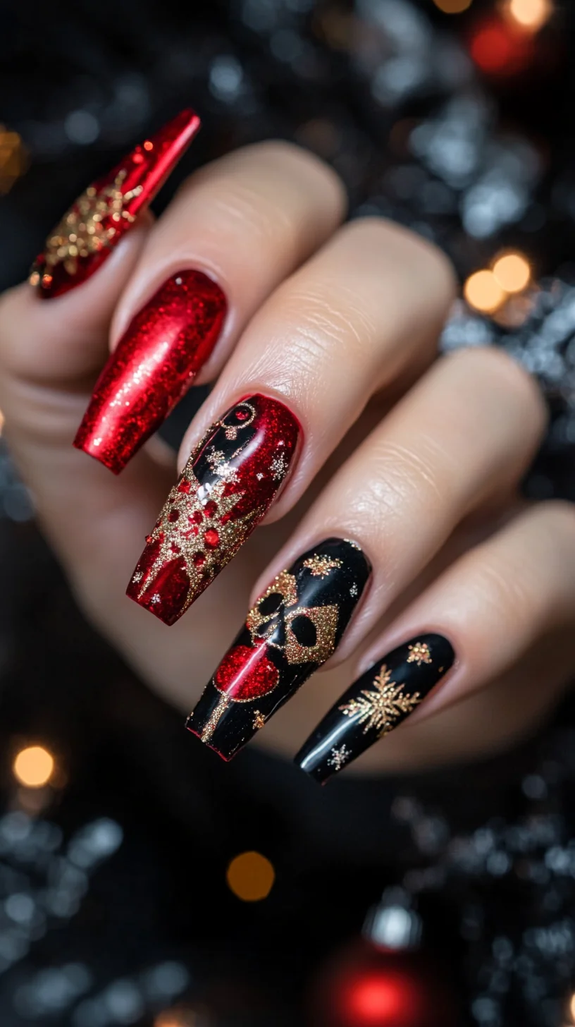 Bold Elegance: Stunning Red and Black Nail Art with Glamorous Gold Accents