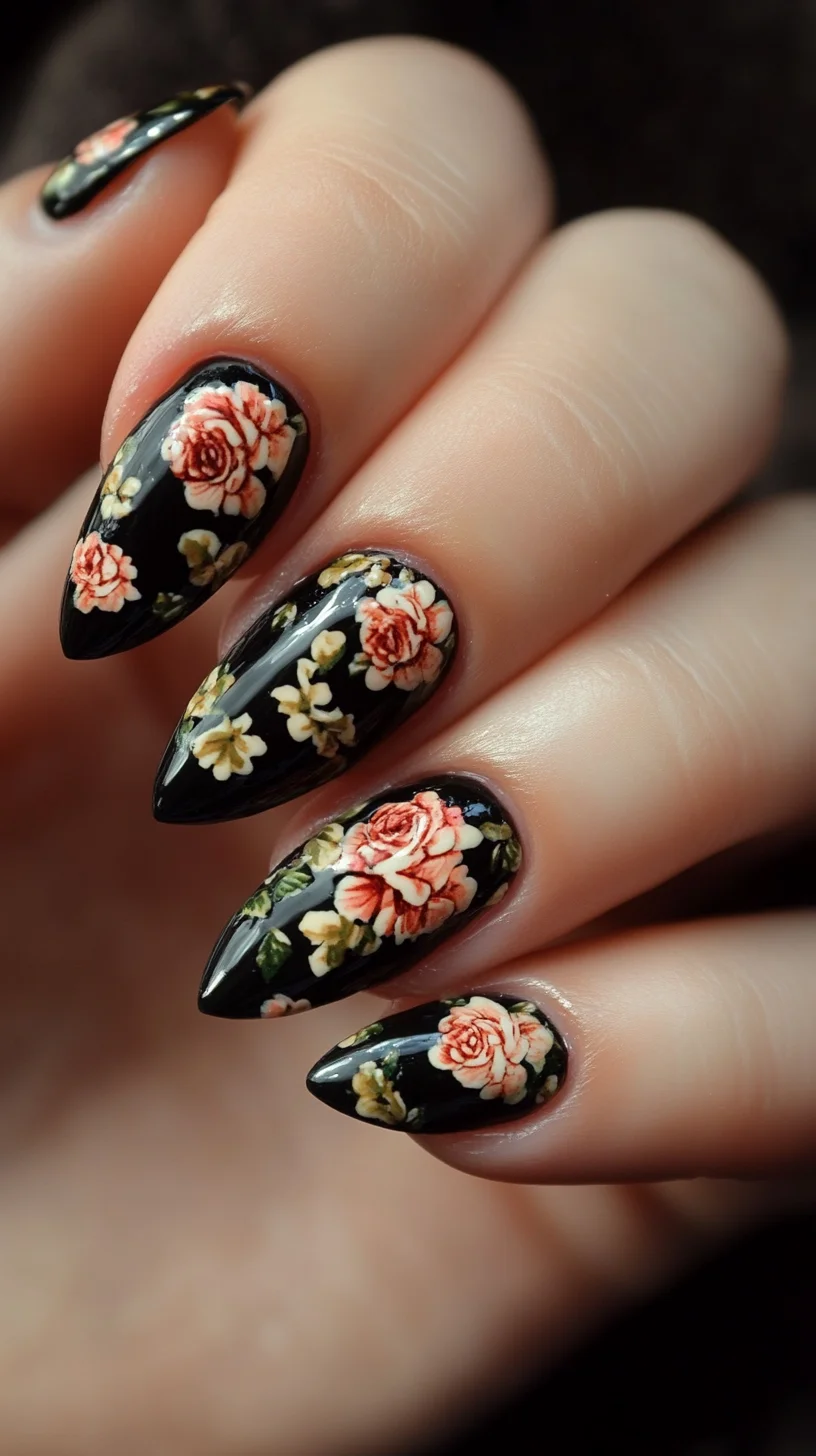 Bold Floral Elegance: Stunning Black and Blossom Nail Design