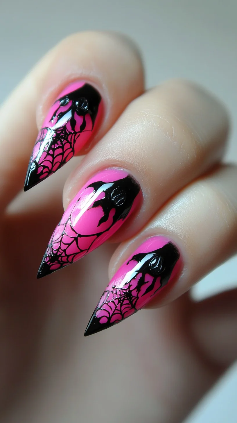Bold Pink and Black Spiderweb Nails for a Spooky Statement