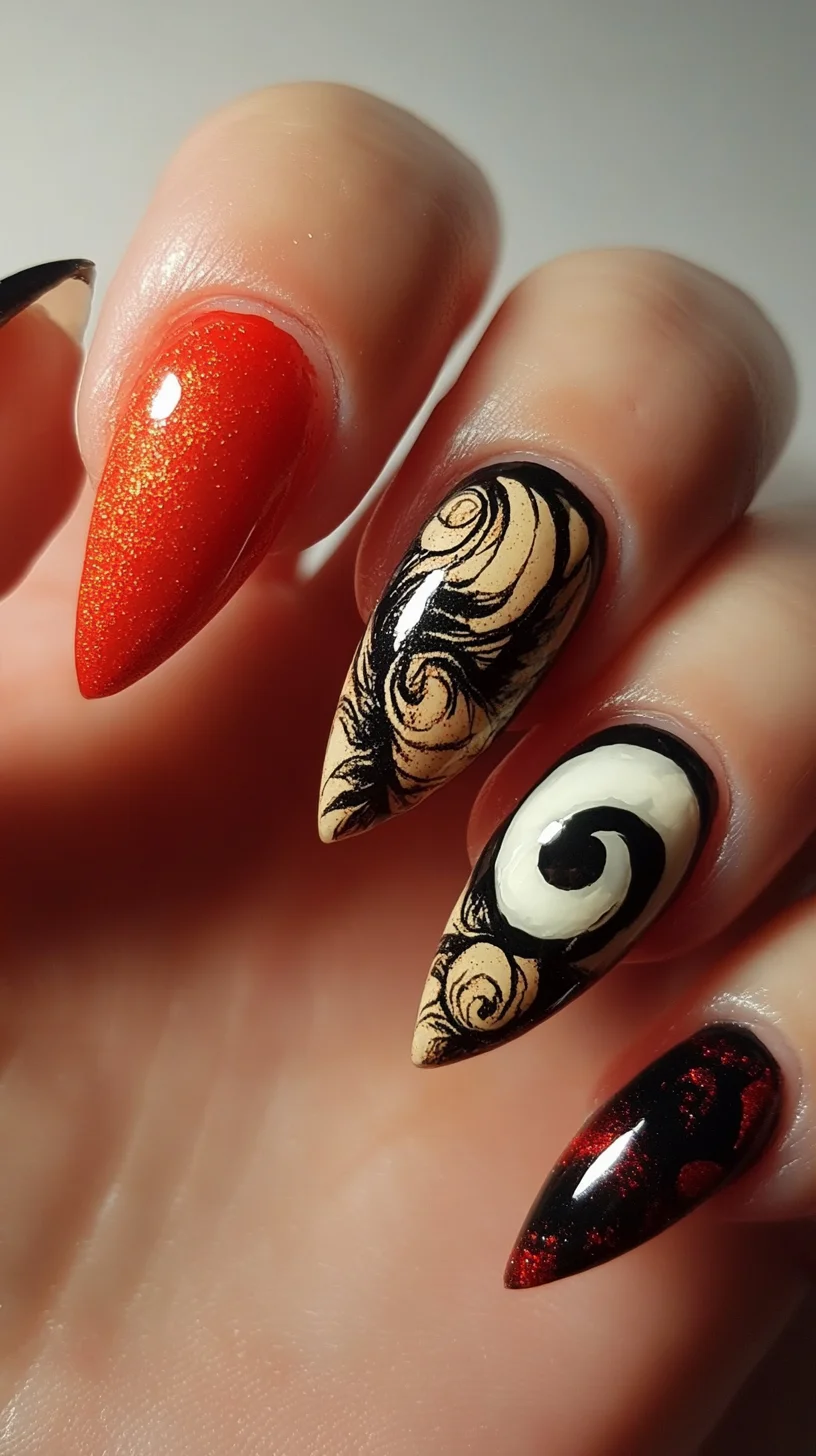 Bold Swirls and Glitter: A Striking Nail Art Fusion for the Fearless