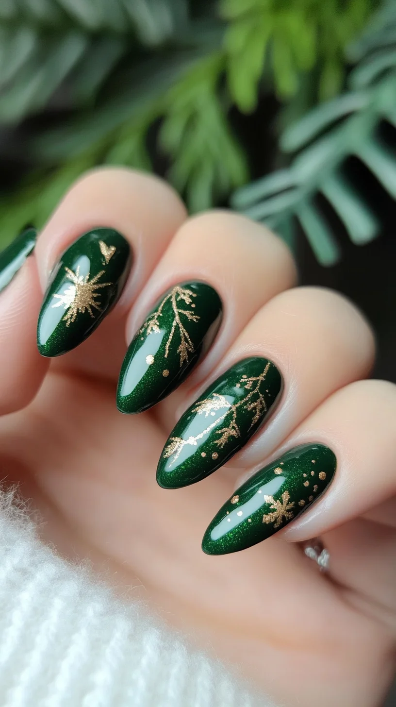Captivating Emerald Elegance: Holiday-Inspired Nail Art with Golden Touches