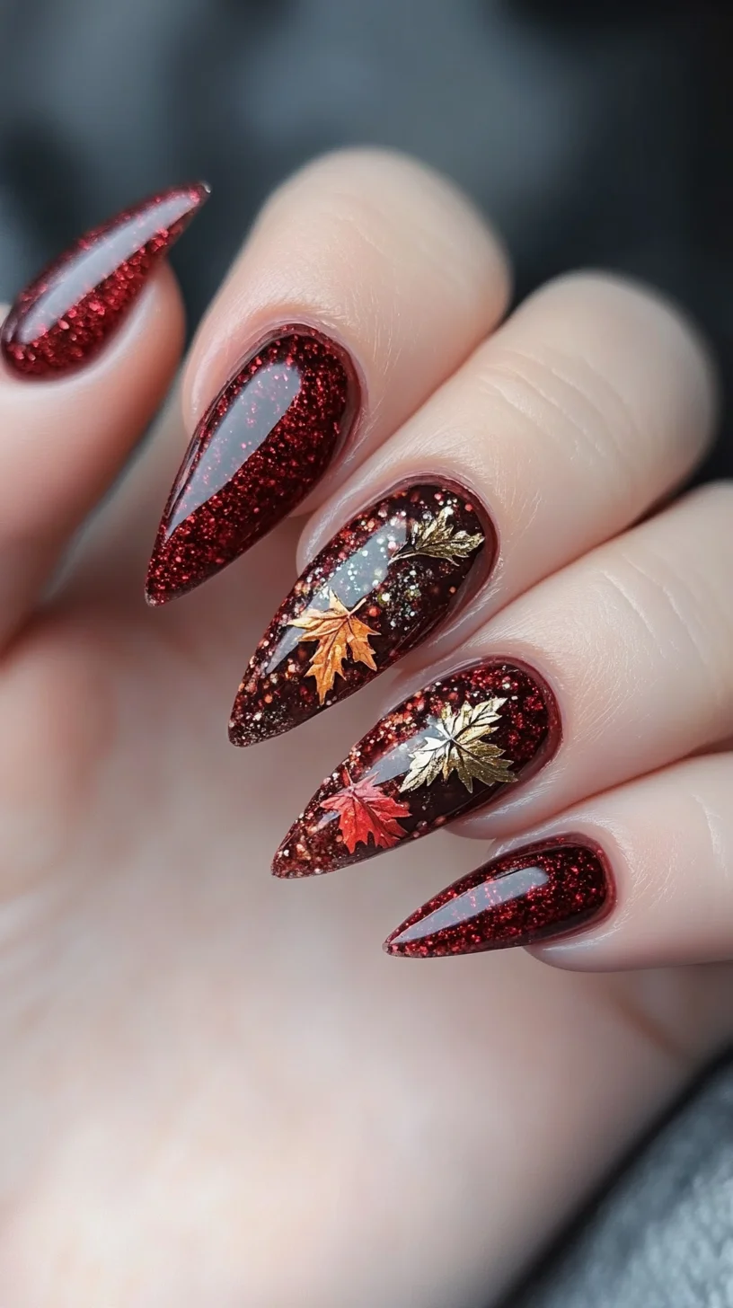 Capture Autumn’s Essence with Stunning Glittery Leaf Nail Art