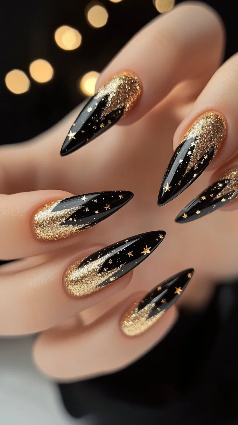 Capture the Night Sky: Glamorous Black and Gold Stiletto Nails