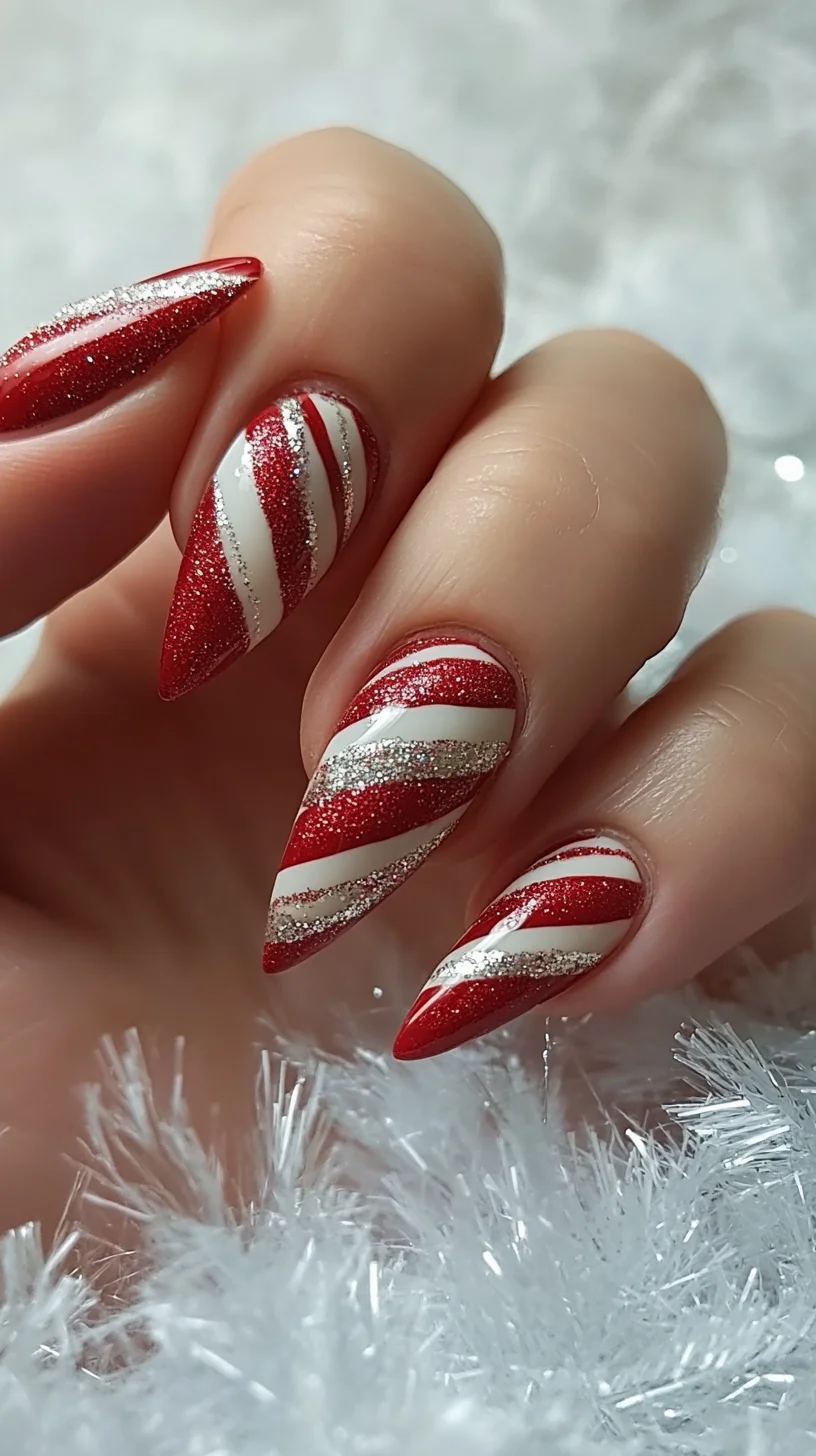Celebrate with Glitter: Festive Red and Silver Striped Almond Nails
