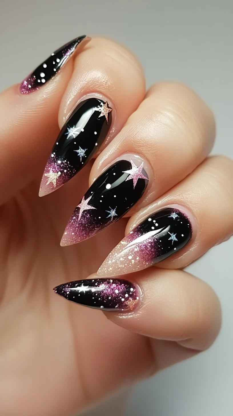 Celestial Dreamscape: Glittering Starry Night Nail Art for Unique Elegance