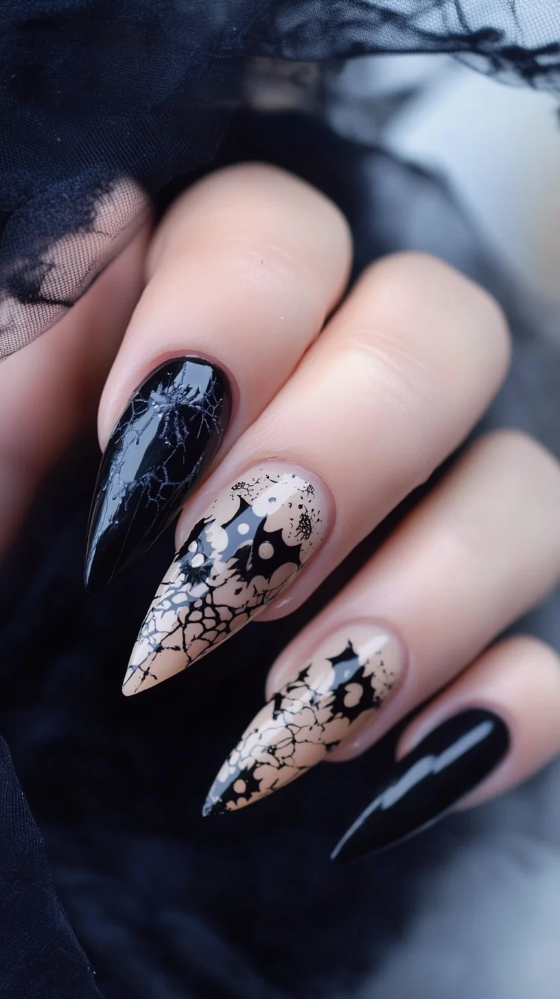 Chic Gothic Glam: Stunning Stiletto Nails with Intricate Black Lace Designs