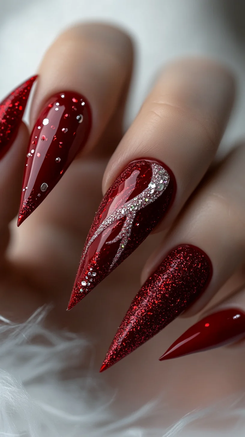 Daring Scarlet Glam: Sparkly Stiletto Nails for the Bold and Beautiful