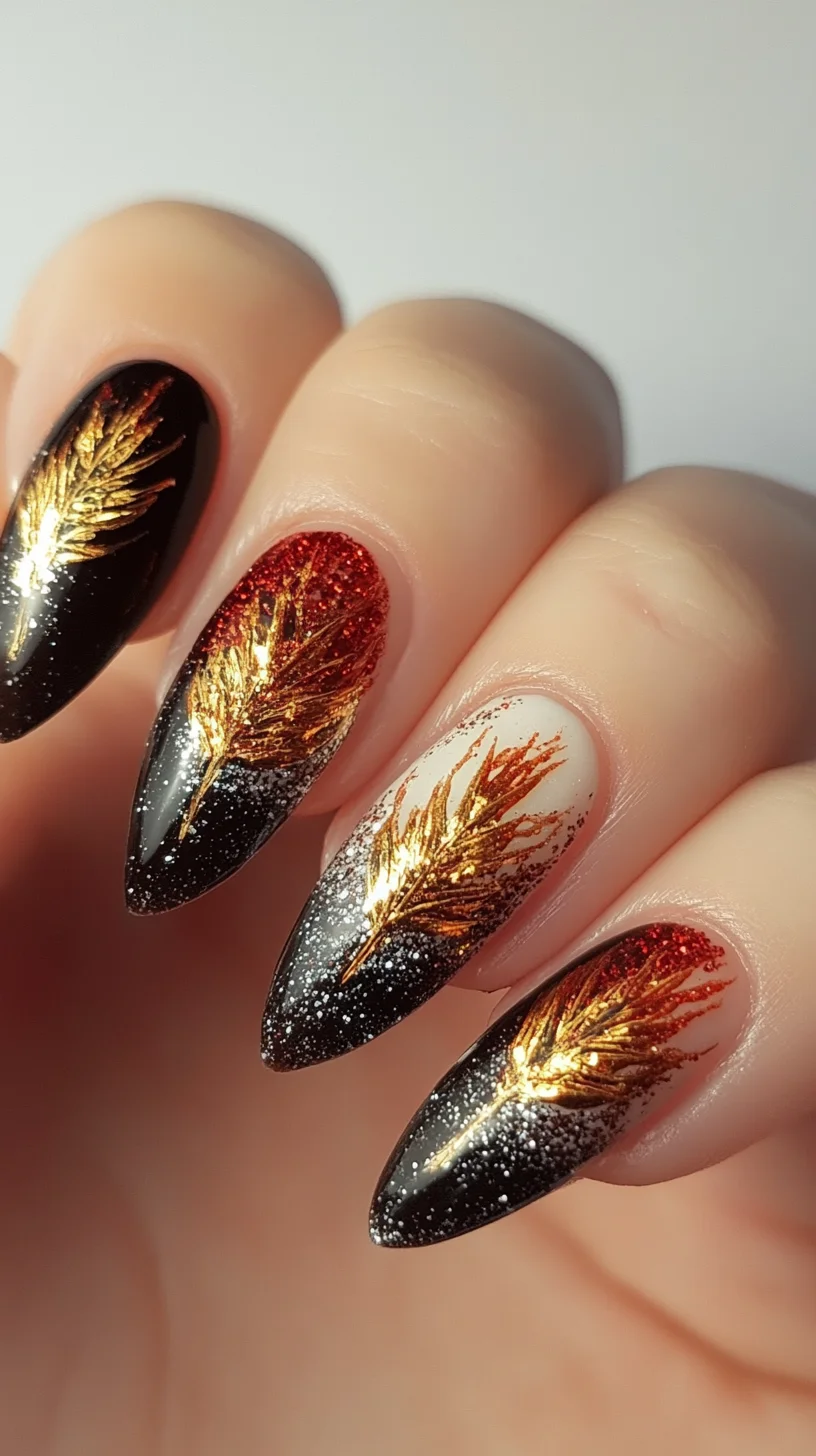Dazzling Autumn Elegance: Glittering Gold and Red Nail Art