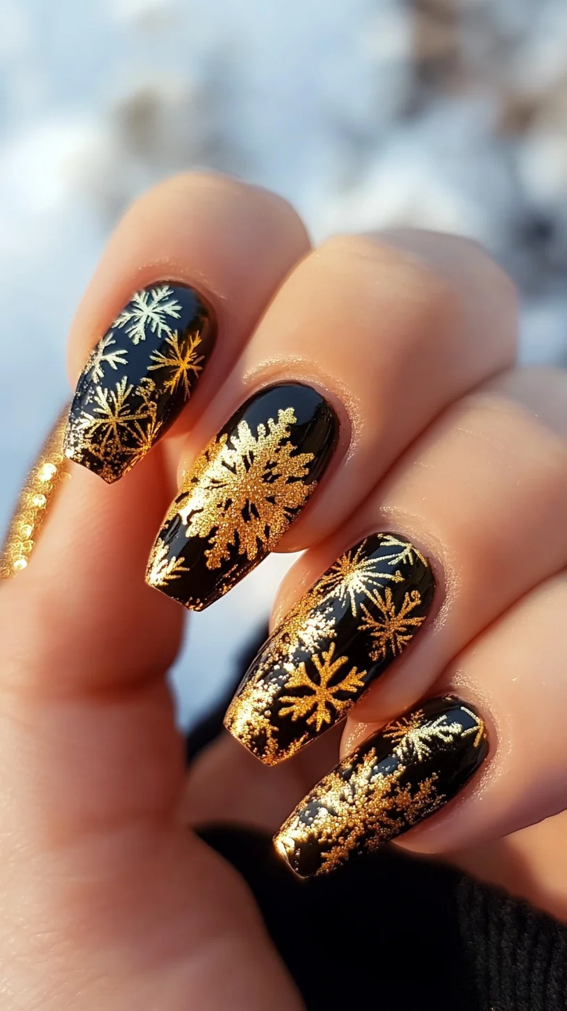 Dazzling Black and Gold Snowflake Nails: Perfect for Winter Glam!