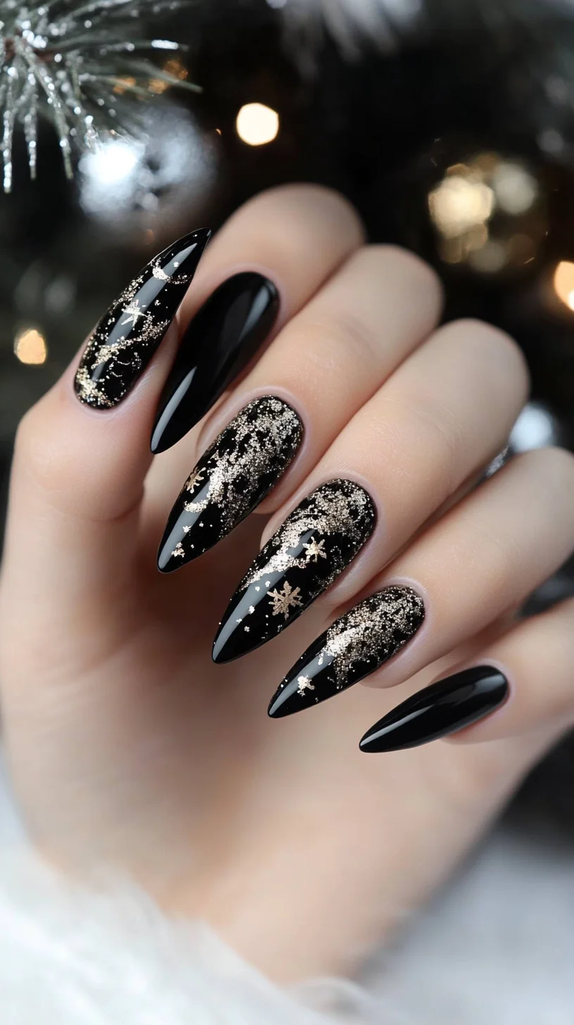 Dazzling Black Velvet: Elegant Holiday Nail Art with Golden Sparkle