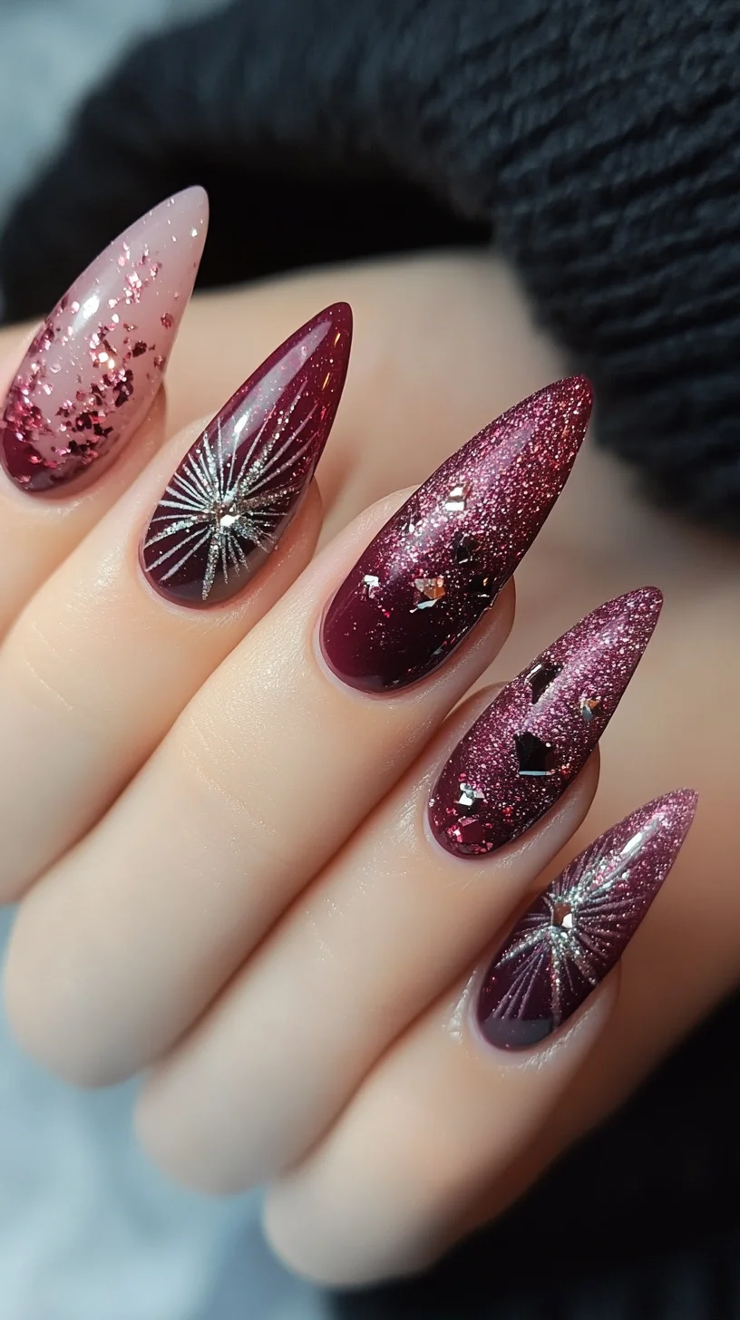 Dazzling Burgundy Glam: Elevate Your Nail Game with Sparkle and Sophistication