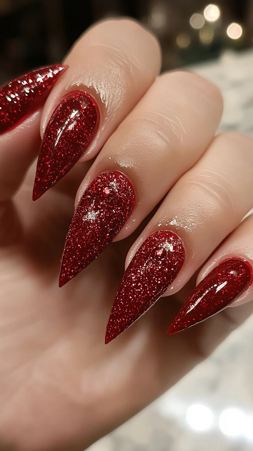 Dazzling Crimson Stiletto Nails: Elevate Your Glam Game with Sparkle!