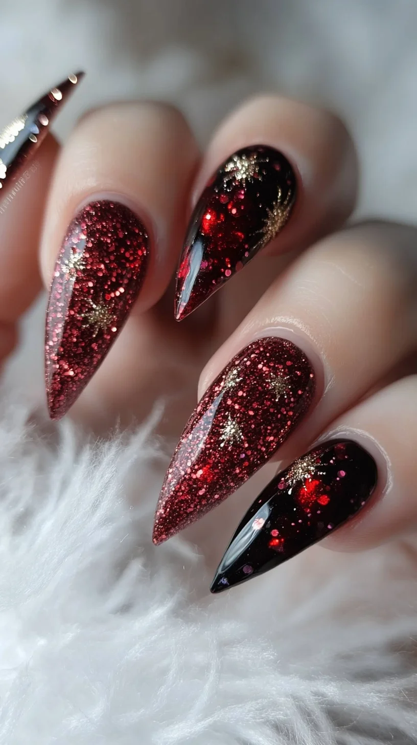 Dazzling Dark Glam: Sparkling Red and Black Stiletto Nails