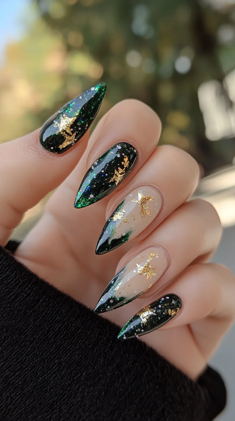 Dazzling Emerald Elegance: Glam Up Your Nails with Green and Gold Accents!