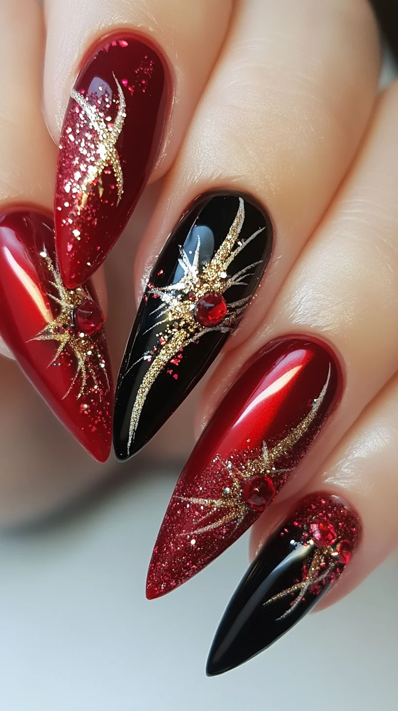 Dazzling Gothic Glam: Captivating Red and Black Nail Art for Bold Statements