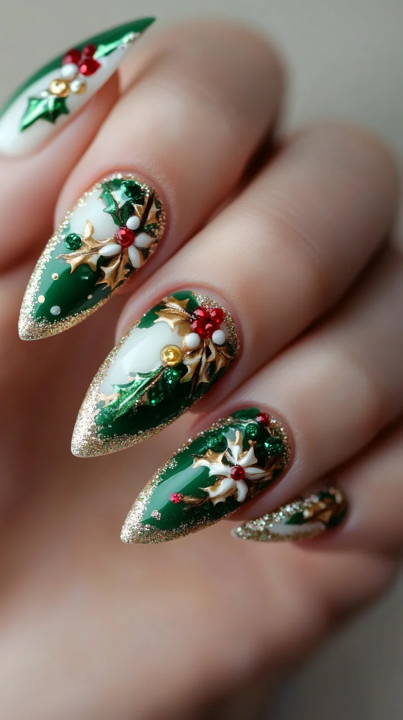 Dazzling Holiday Glam: Festive Green and Gold Nail Art for the Perfect Winter Look