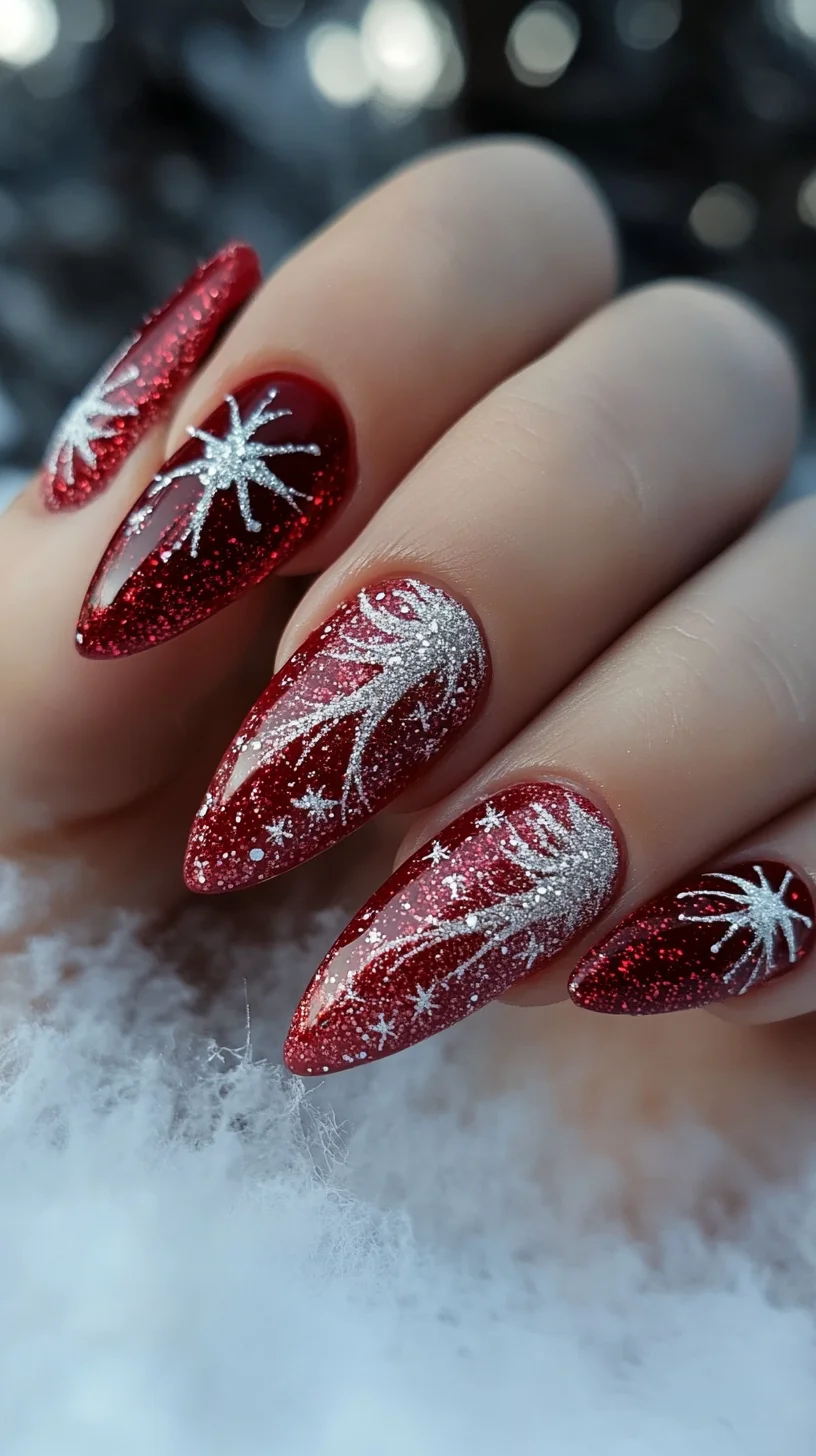 Dazzling Holiday Glam: Red Sparkle and Silver Snowflake Nail Art