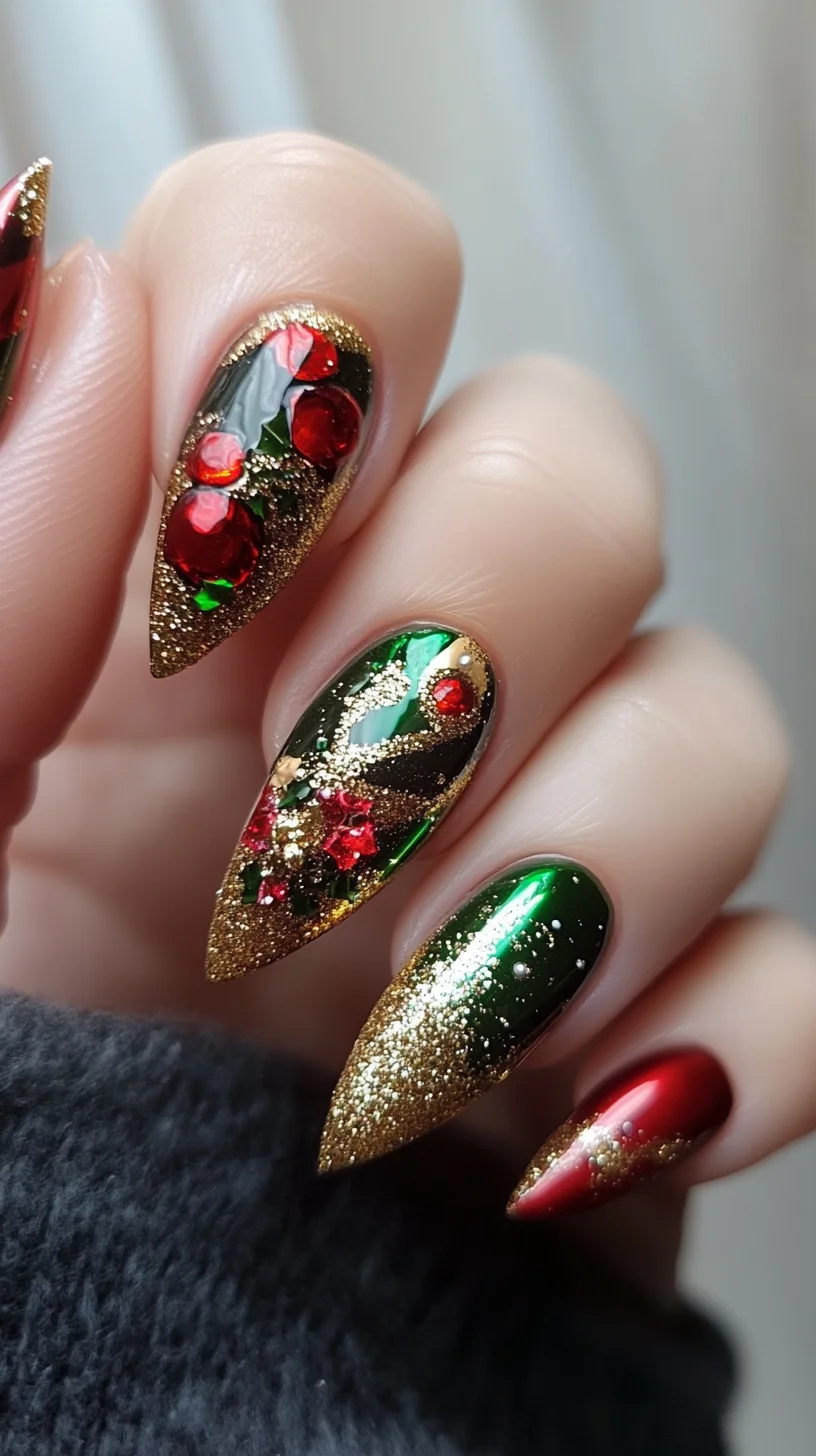 Dazzling Holiday Glam: Sparkling Green & Red Nail Art for the Festive Season