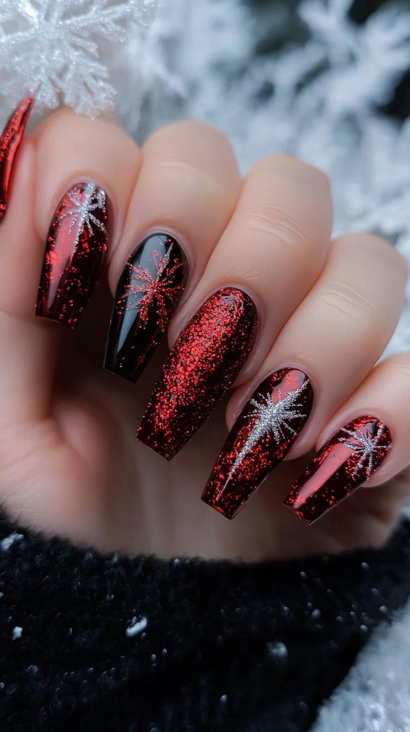 Dazzling Holiday Glam: Sparkling Red and Black Nail Art with Frosty Accents