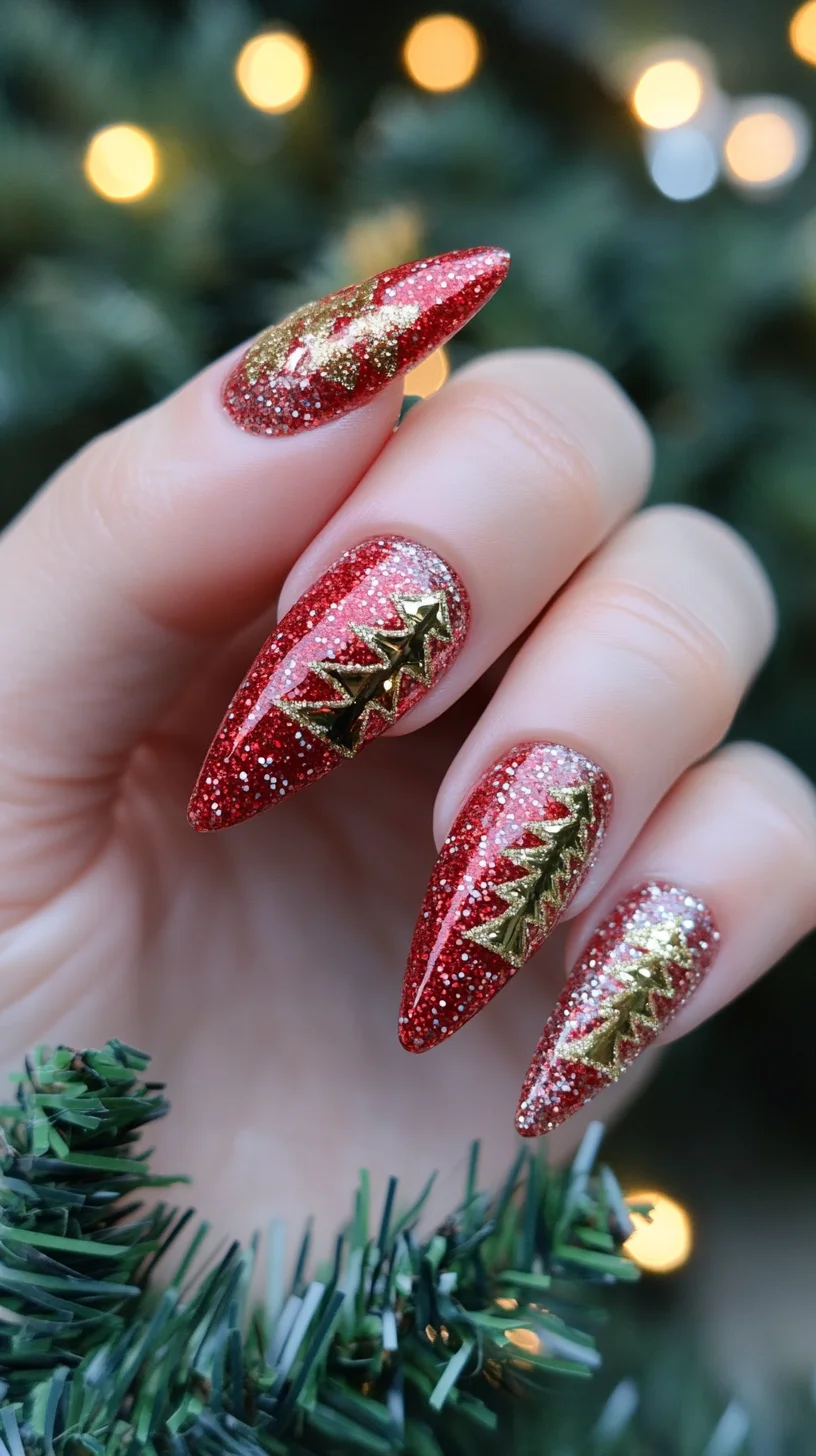 Dazzling Holiday Glam: Sparkling Red & Gold Nail Art for Festive Cheer