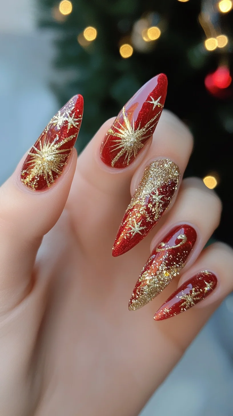 Dazzling Holiday Glam: Sparkling Red & Gold Stiletto Nails for Festive Charm
