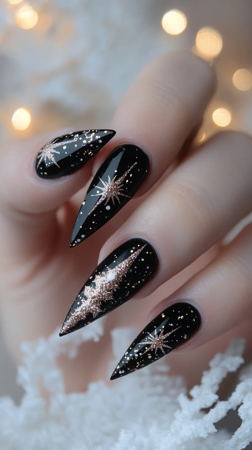 Dazzling Midnight Stars: Edgy Black Nails with a Touch of Glam