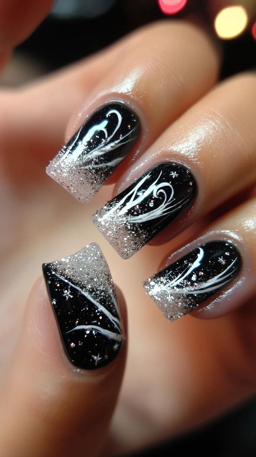 Dazzling Night Sky: Sparkling Black and Silver Gradient Nail Art