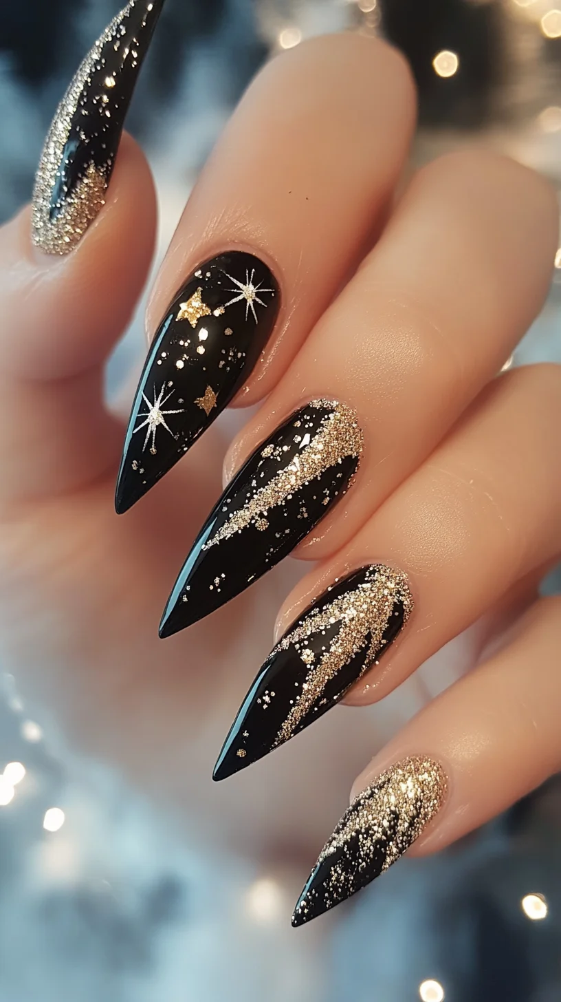 Dazzling Night Sky: Sparkling Black Stiletto Nails for a Glamorous Edge