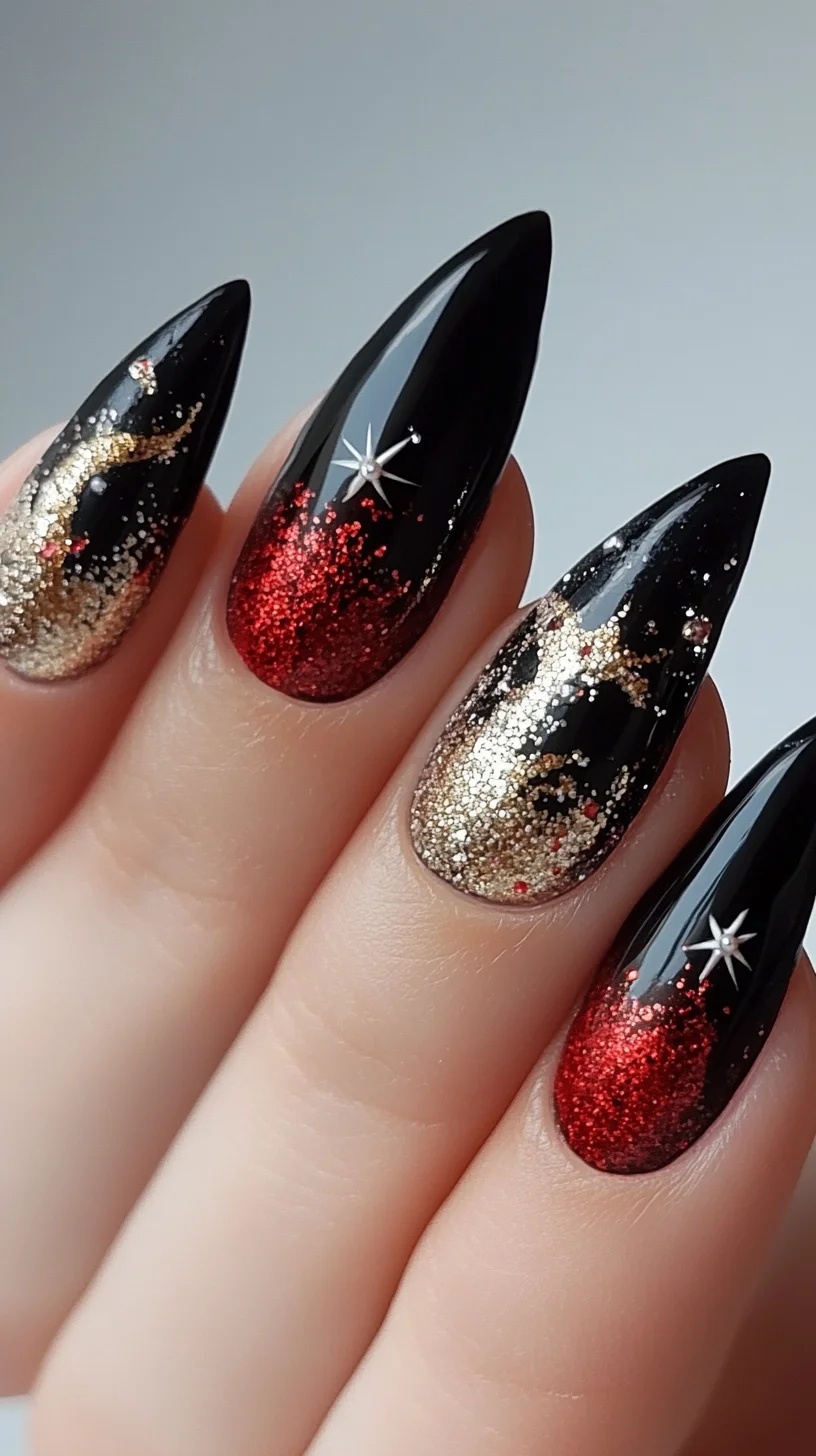 Dazzling Ombre Glam: Bold Black, Glittering Gold & Fiery Red Nail Art
