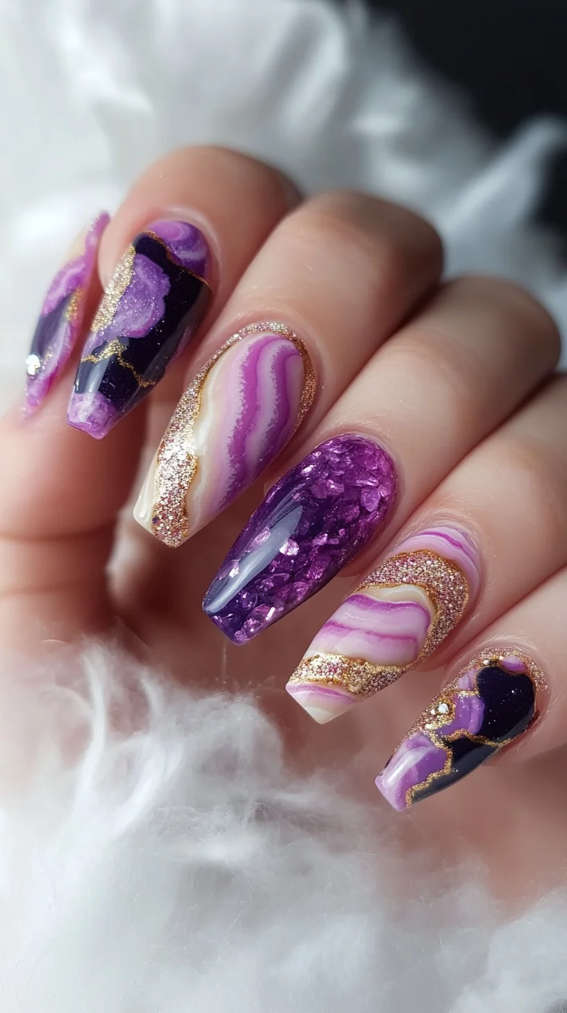 Dazzling Purple Marble Nails with Sparkling Accents for Glamorous Vibes