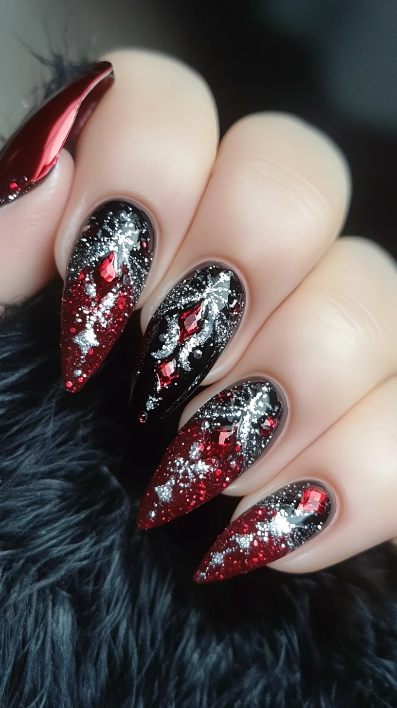Dazzling Red and Black Nail Art: Glamorous Glitter and Elegant Shine