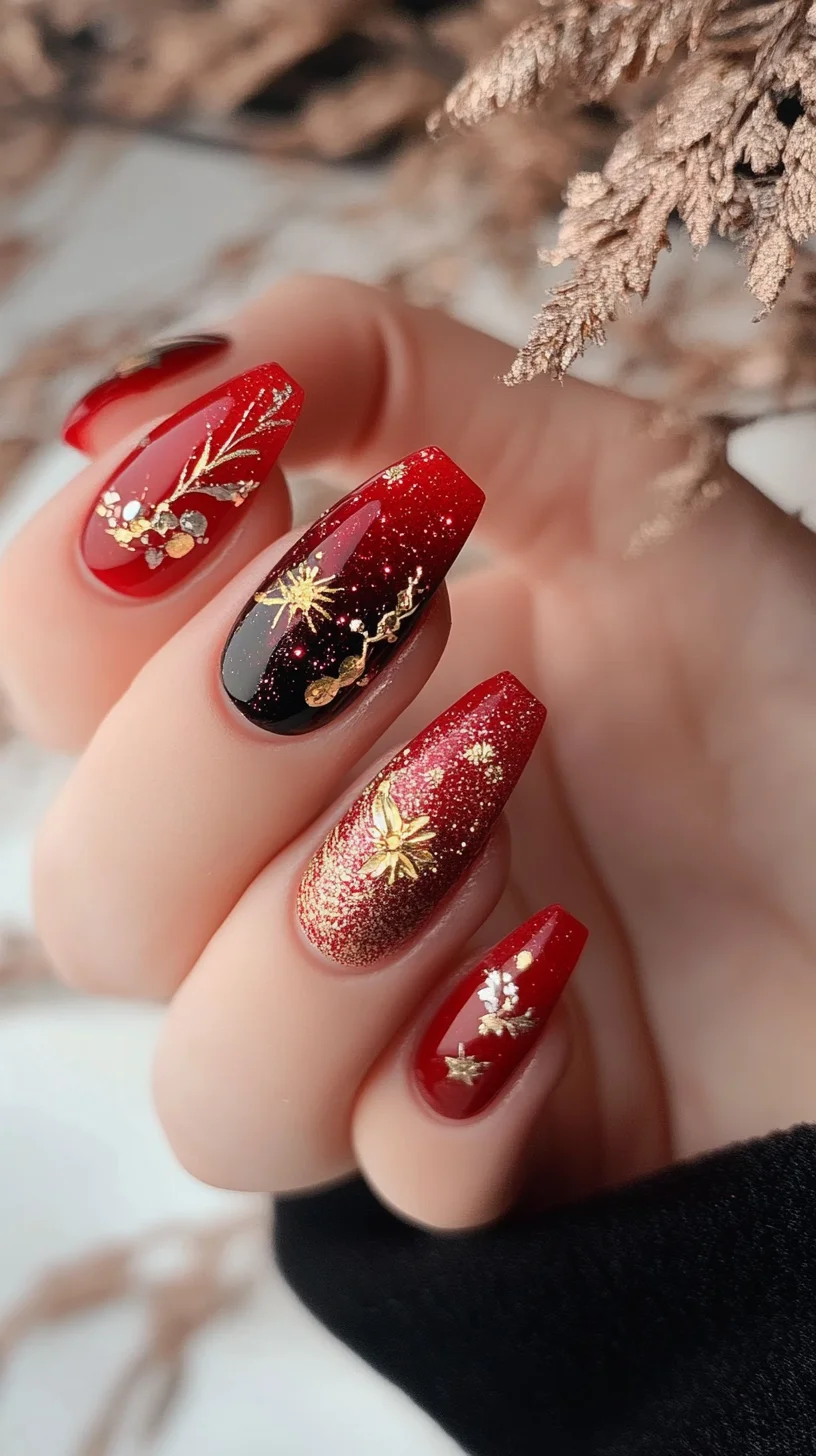 Dazzling Red and Gold Nails: A Glamorous Winter Wonderland Style