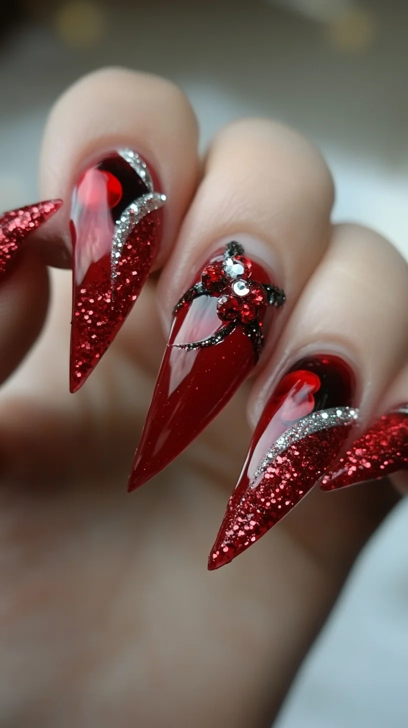 Dazzling Red Glitter Stiletto Nails: Glam Up Your Look with Bold Elegance