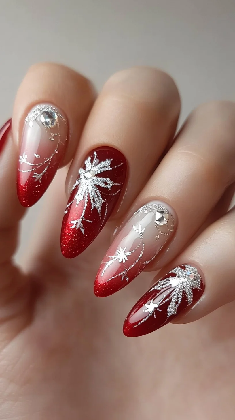 Dazzling Red Ombre Nails with Intricate Silver Floral Accents