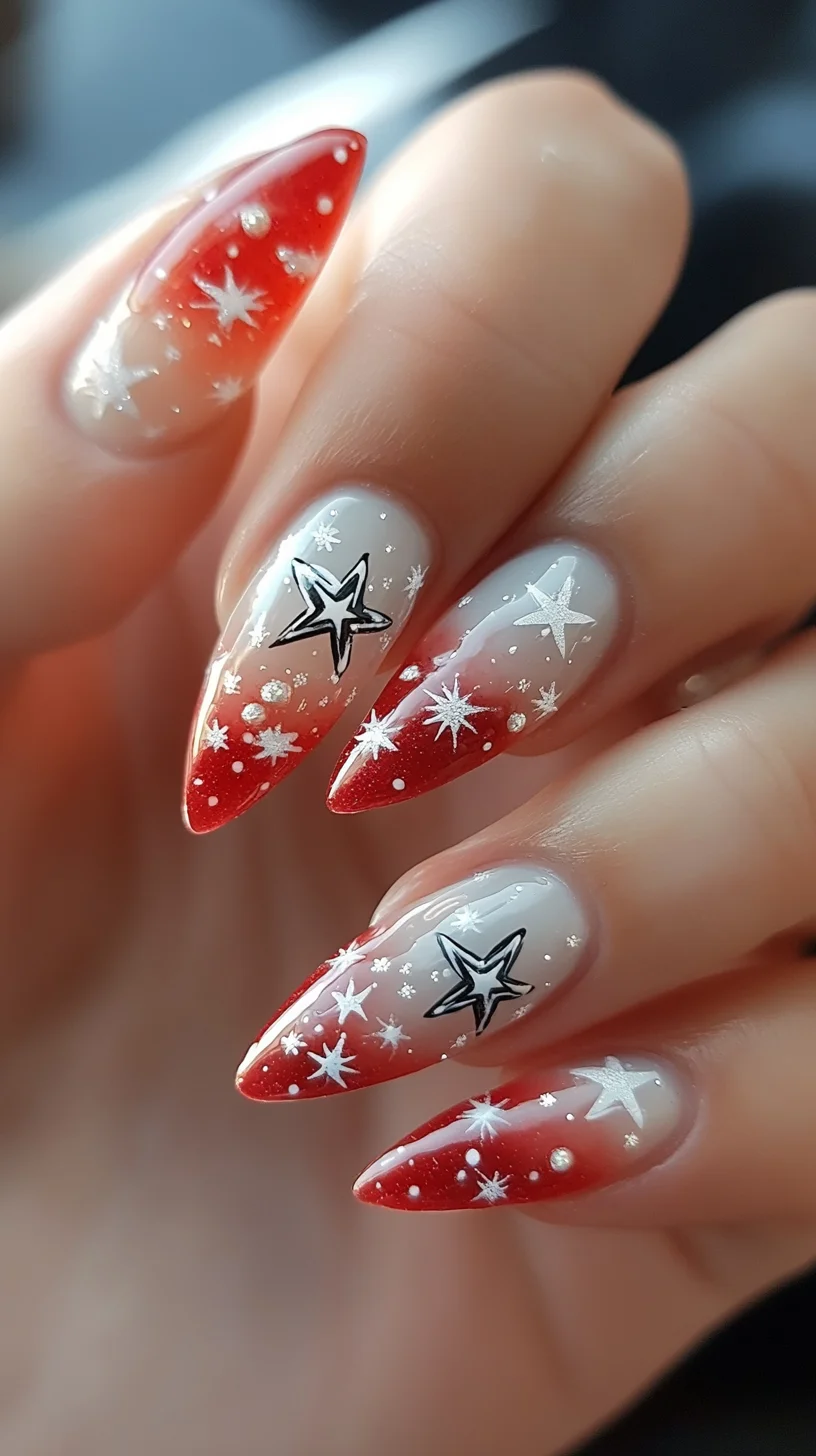 Dazzling Red Ombre with Starry Accents for a Festive Glam Look