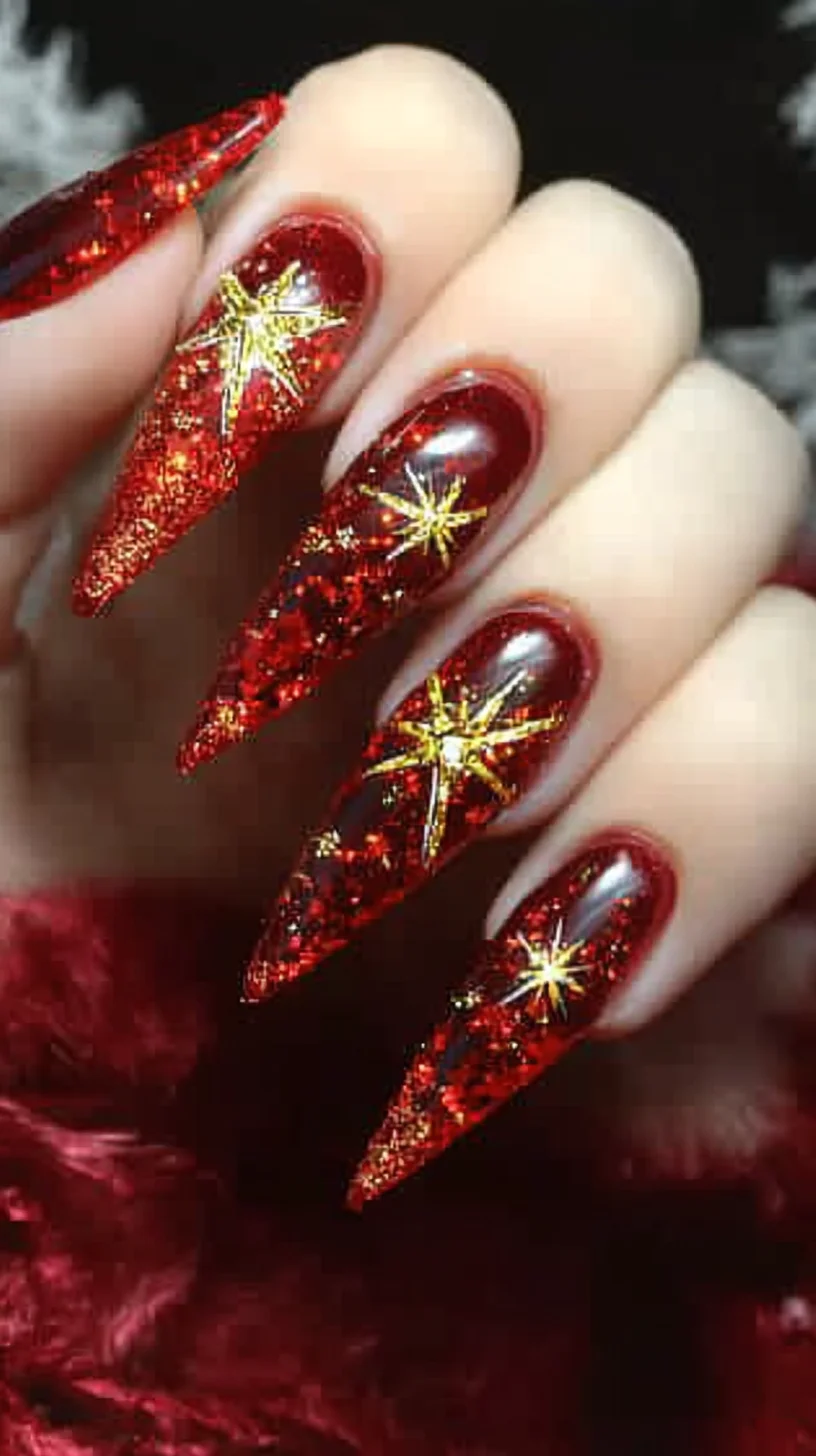 Dazzling Red Starburst Nails: Ignite Your Glam Game with Glitter and Shine!