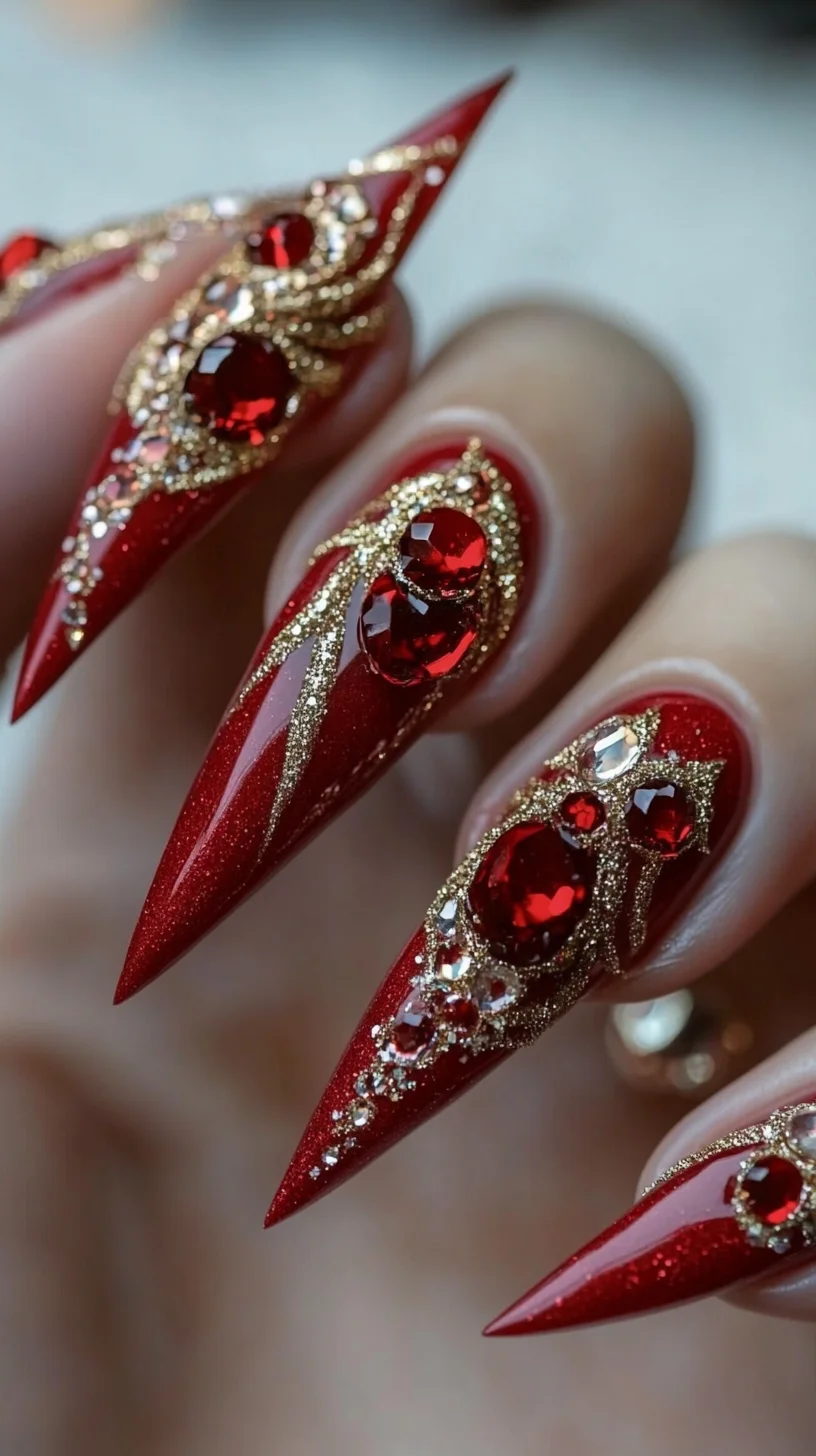 Dazzling Red Stiletto Nails: Bold Elegance with Gemstone Glamour