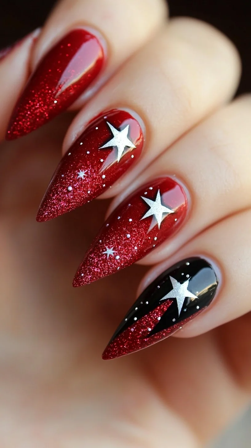 Dazzling Starlit Glam: Red and Black Glitter with Stellar Accents