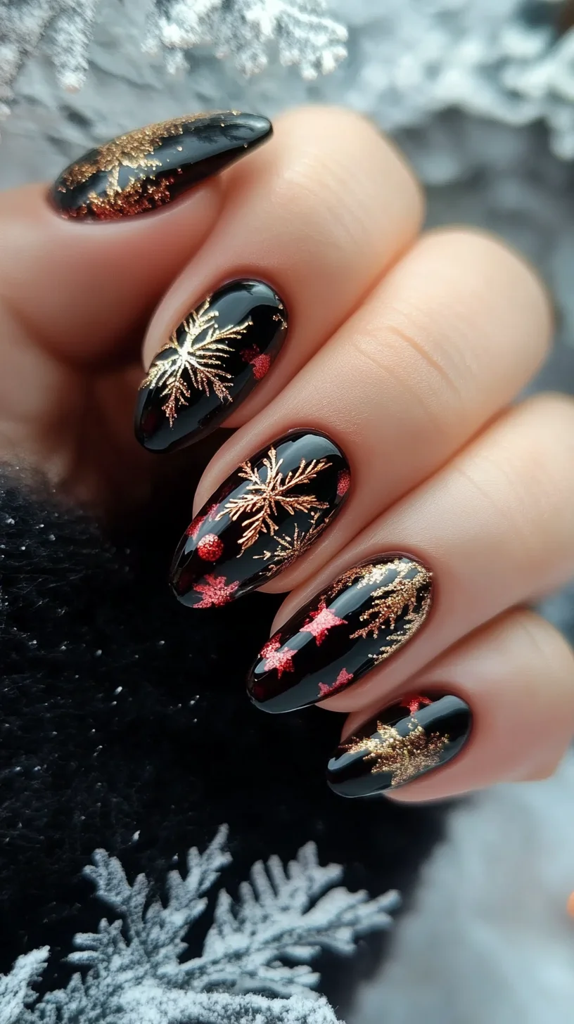 Dazzling Winter Wonderland: Black Nails Adorned with Gold and Red Sparkle