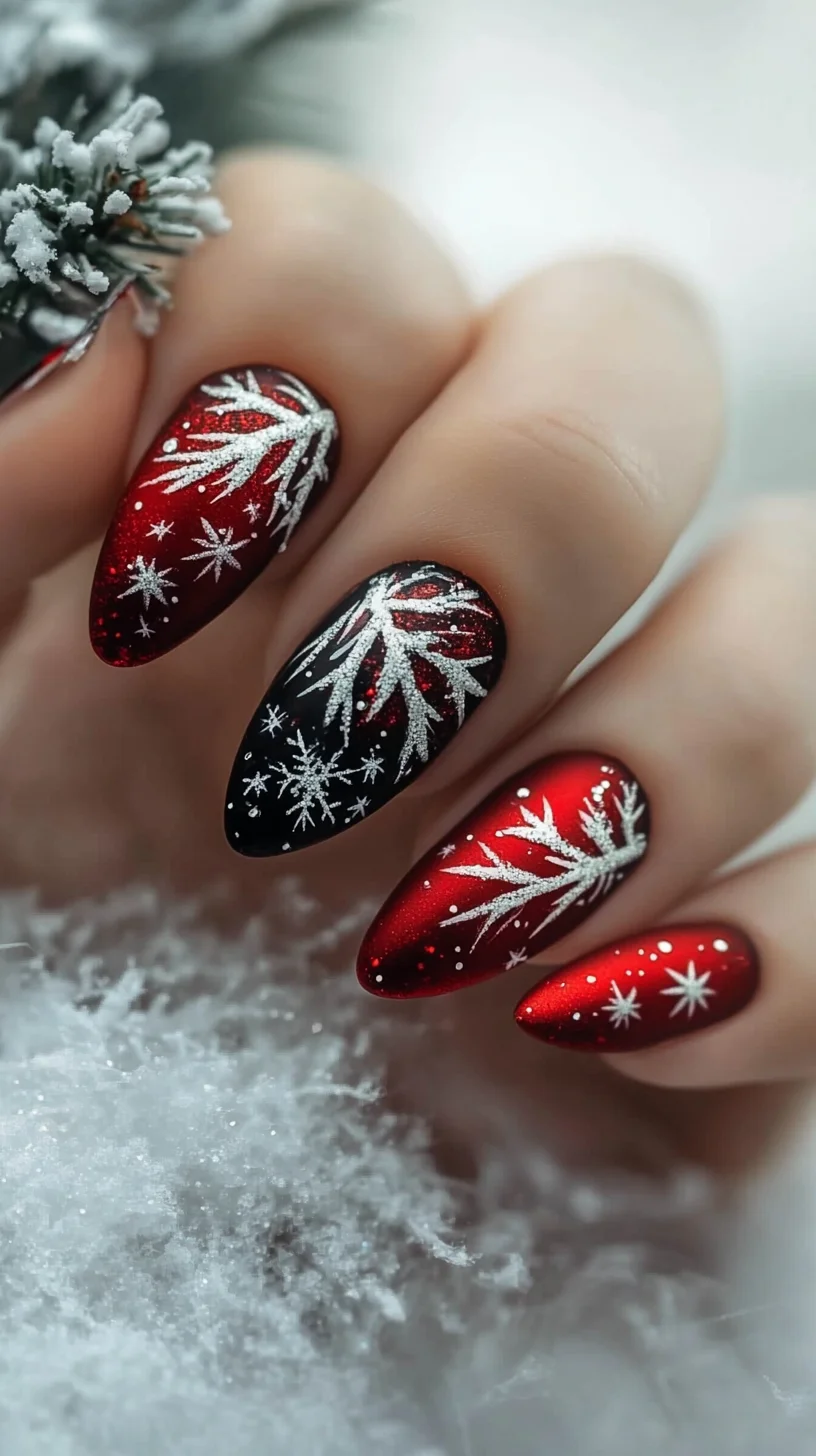 Dazzling Winter Wonderland: Bold Red and Black Nail Art with Sparkling Snowflakes