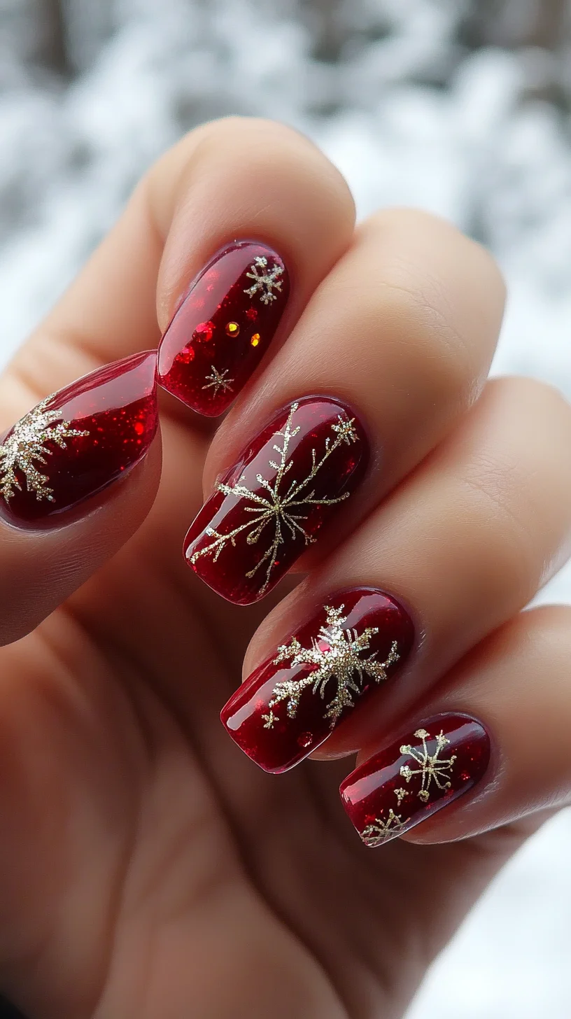Dazzling Winter Wonderland: Sparkling Red and Gold Snowflake Nail Art