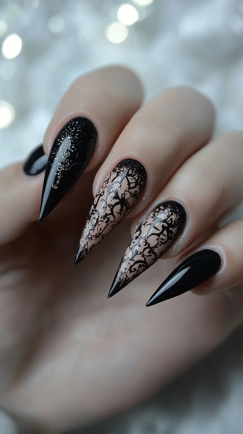 Edgy Elegance: Bold Black and Intricate Lace Nail Art for a Fierce Look