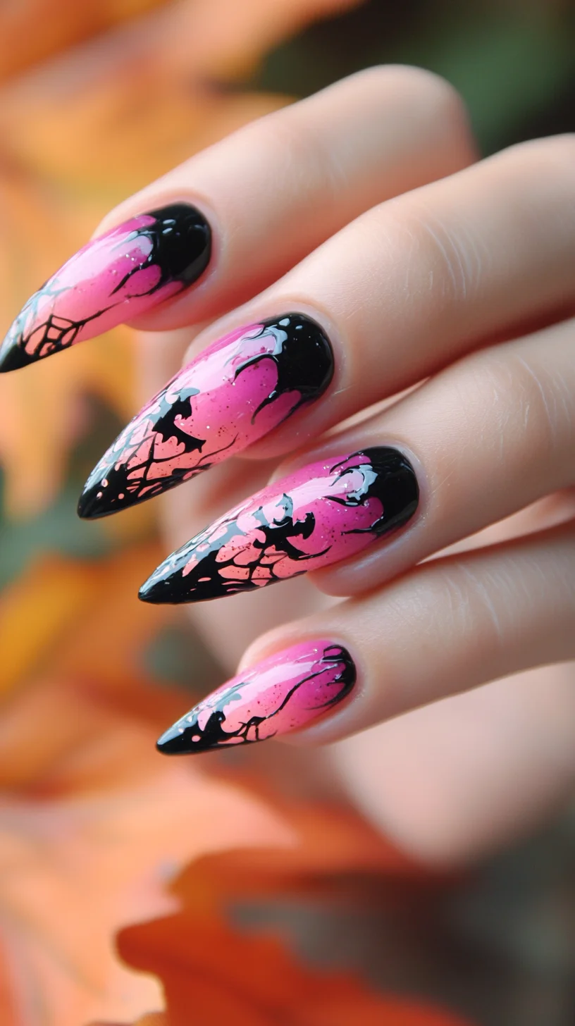 Edgy Elegance: Bold Black and Pink Gradient Stiletto Nails